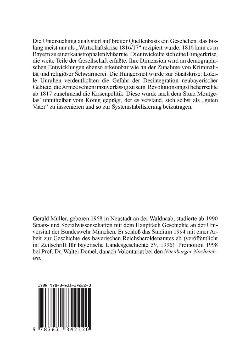Rückseite: 9783631342220 | Hunger in Bayern 1816-1818 | Gerald Müller | Taschenbuch | 274 S.