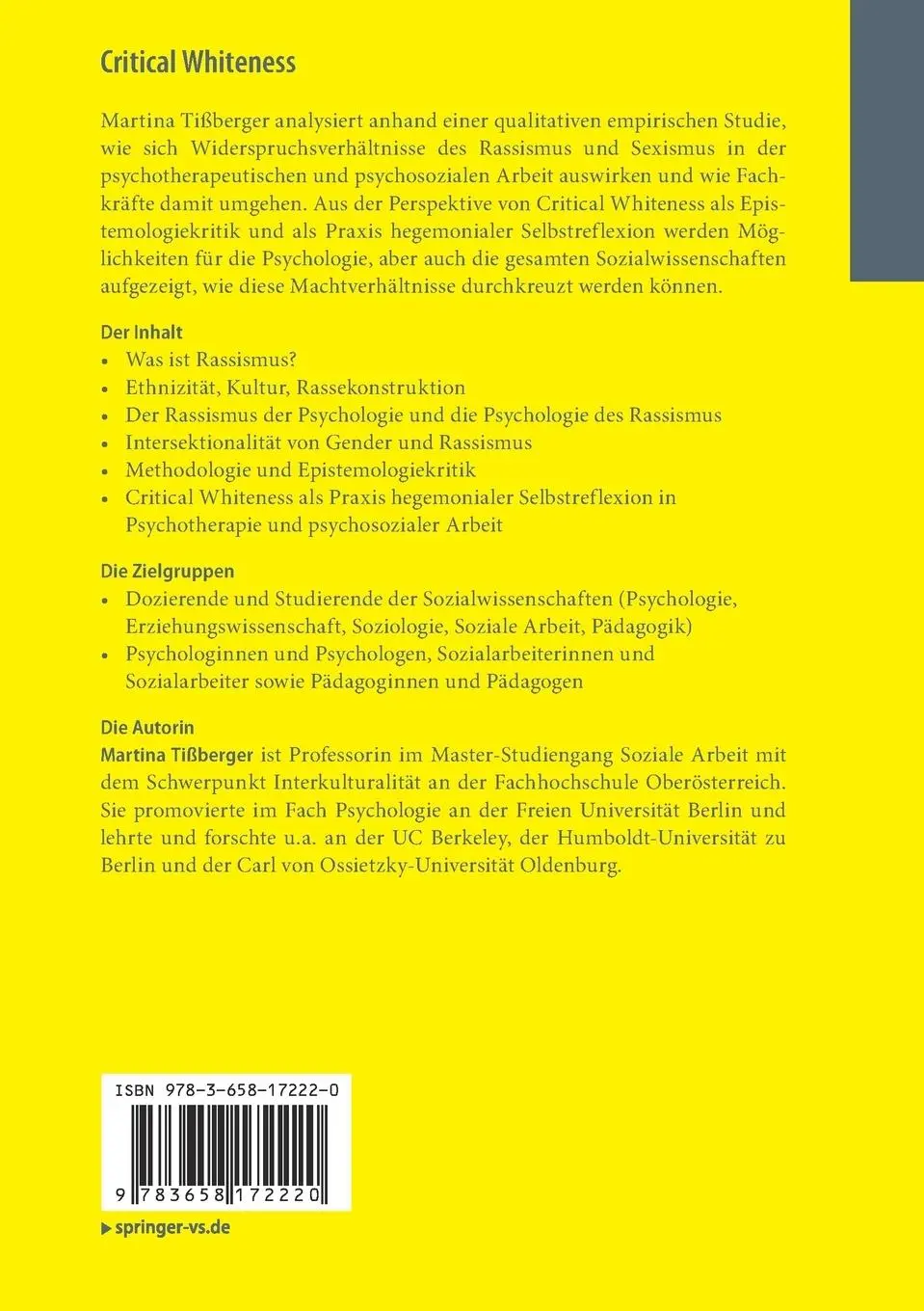 Rückseite: 9783658172220 | Critical Whiteness | Martina Tißberger | Taschenbuch | vii | Deutsch