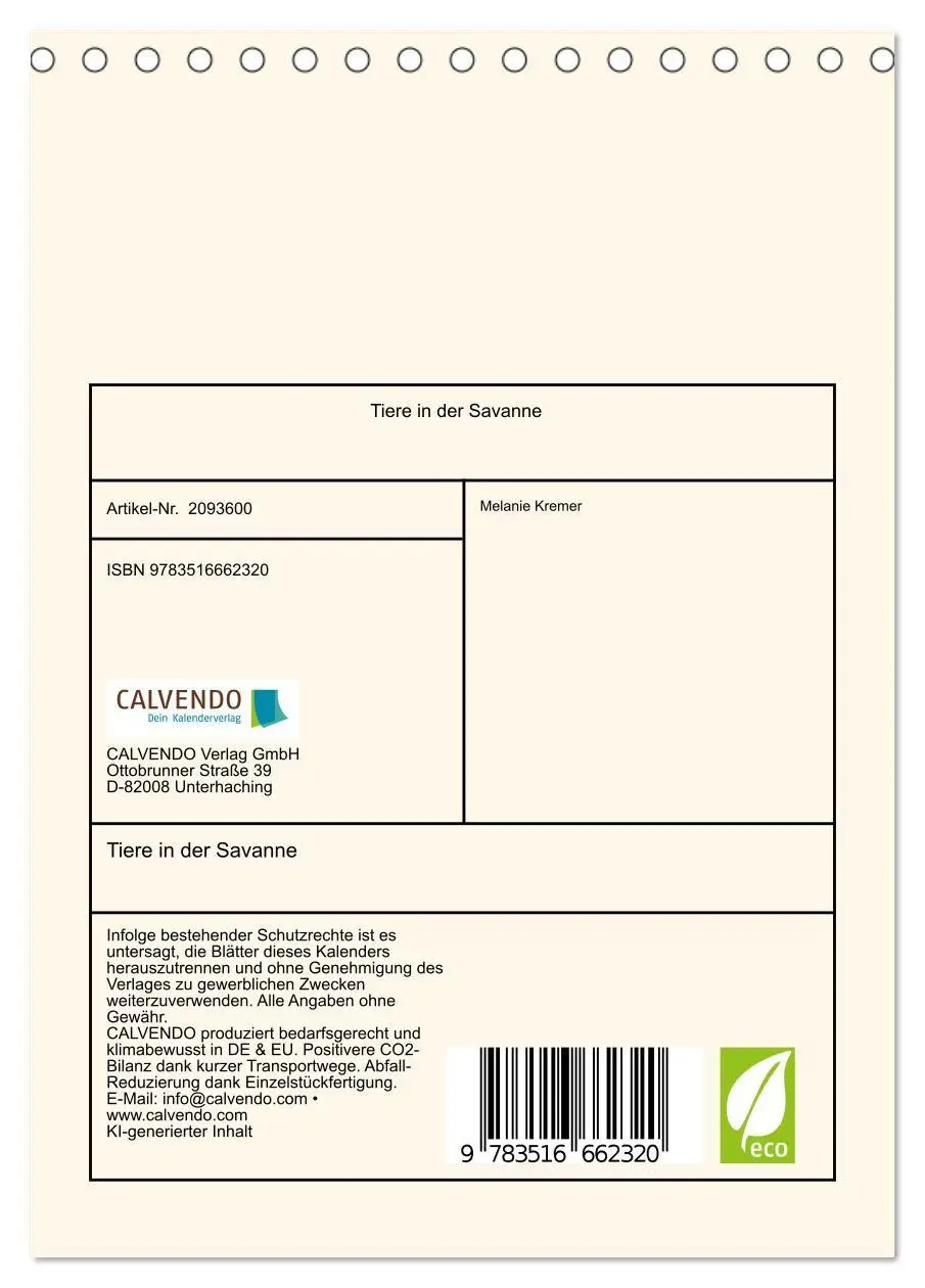 Bild: 9783516662320 | Tiere in der Savanne (Tischkalender 2026 DIN A5 hoch), CALVENDO...