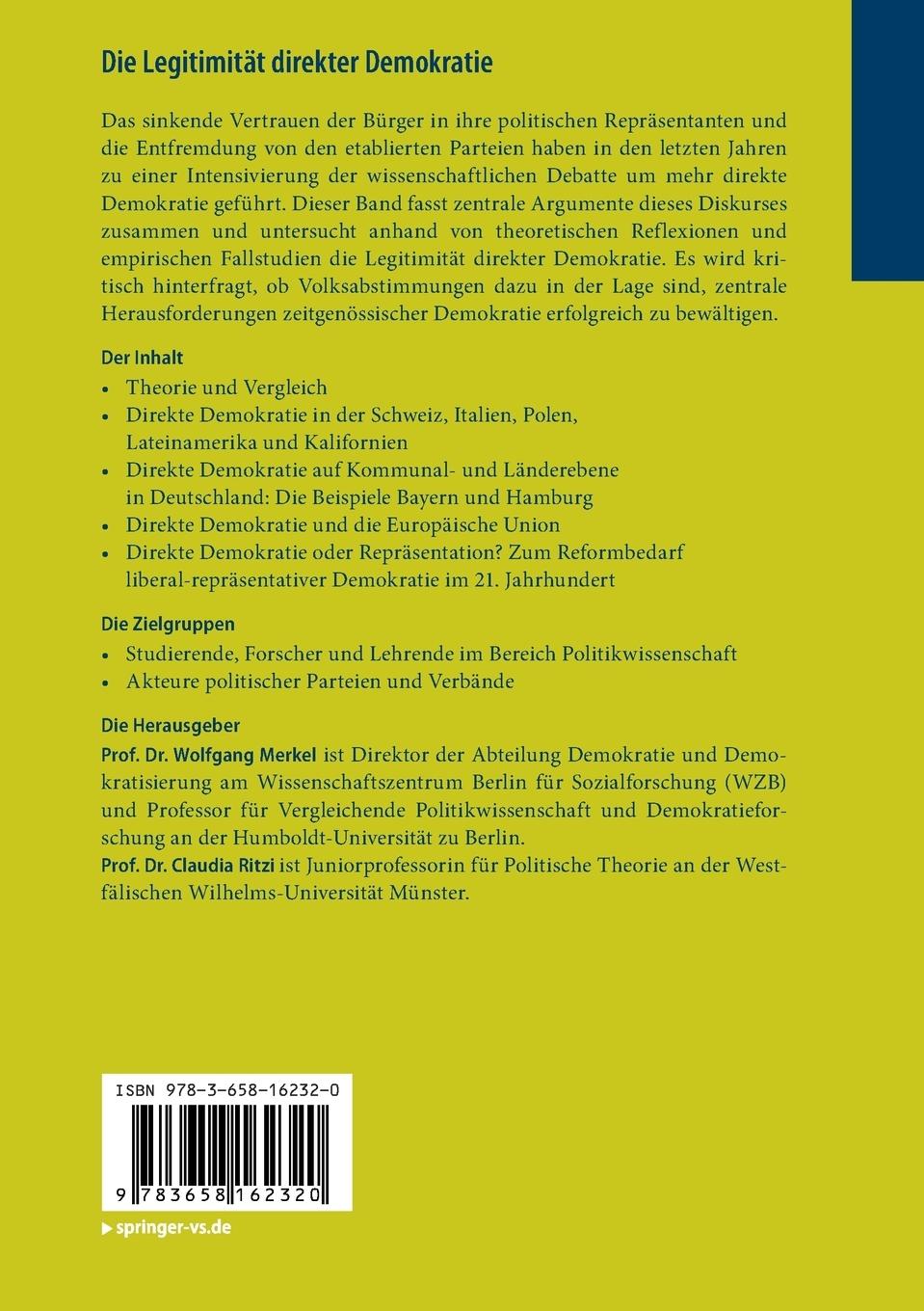 Rückseite: 9783658162320 | Die Legitimität direkter Demokratie | Claudia Ritzi (u. a.) | Buch