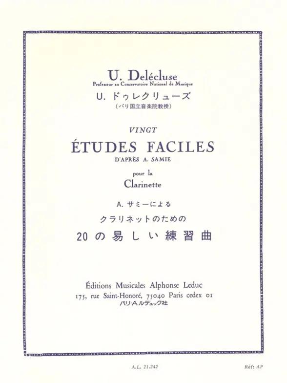 Cover: 9790046212420 | 20 Etudes Faciles - D'Apres A. Samie | 20 Easy Studies | Delécluse