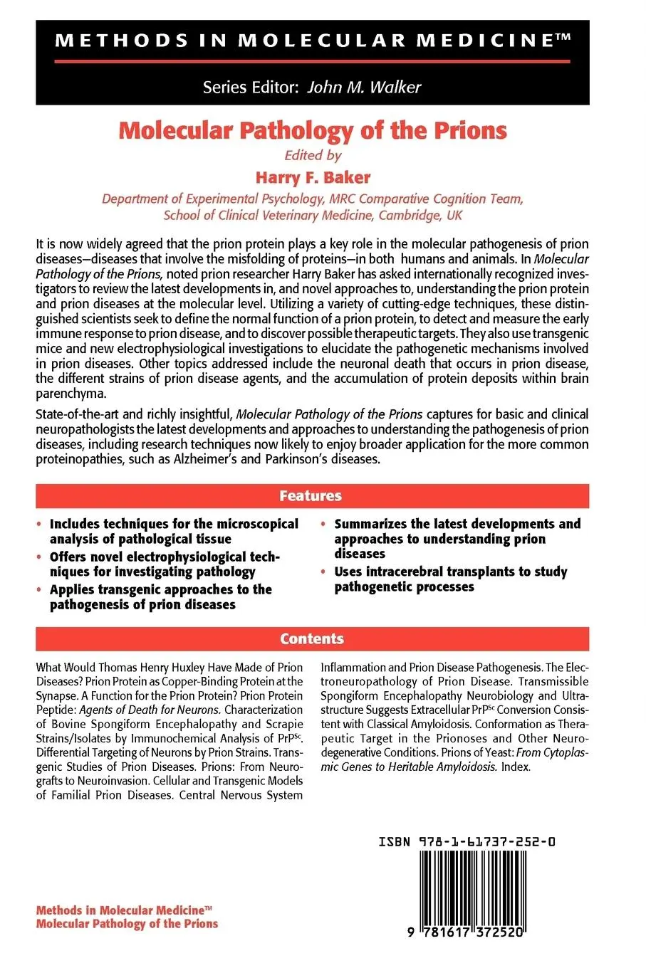 Rückseite: 9781617372520 | Molecular Pathology of the Prions | Harry F. Baker | Taschenbuch | xii