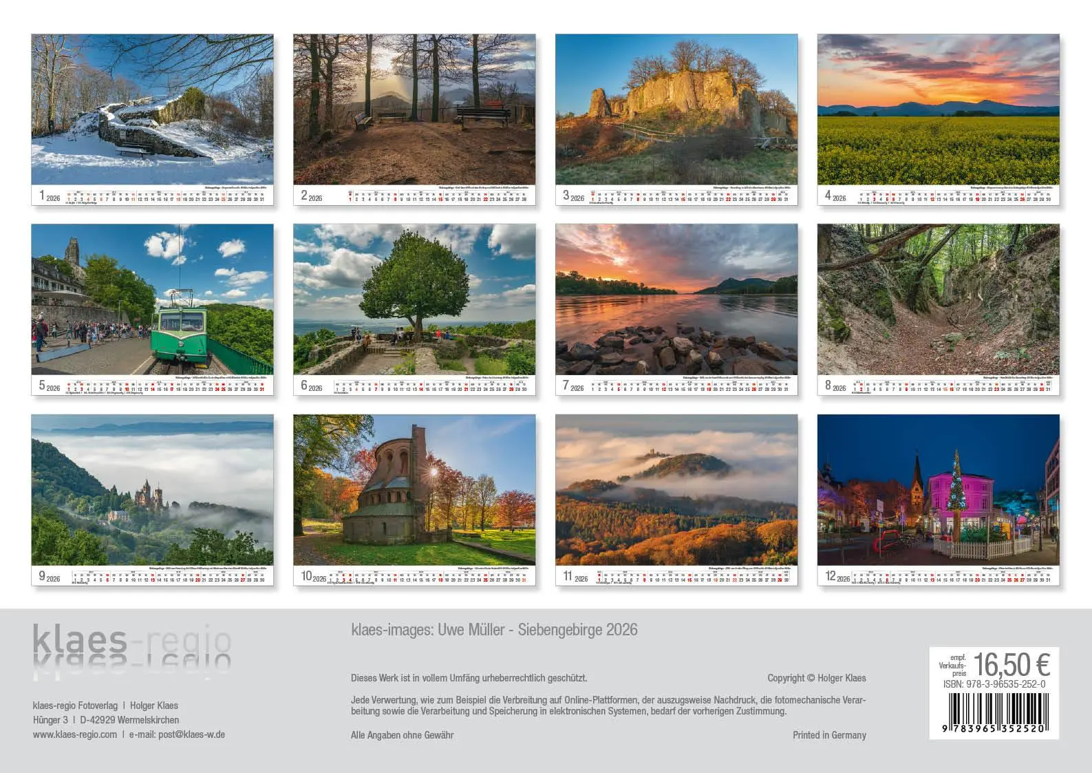Rückseite: 9783965352520 | Siebengebirge 2026 Bildkalender A3 quer, spiralgebunden | Holger Klaes