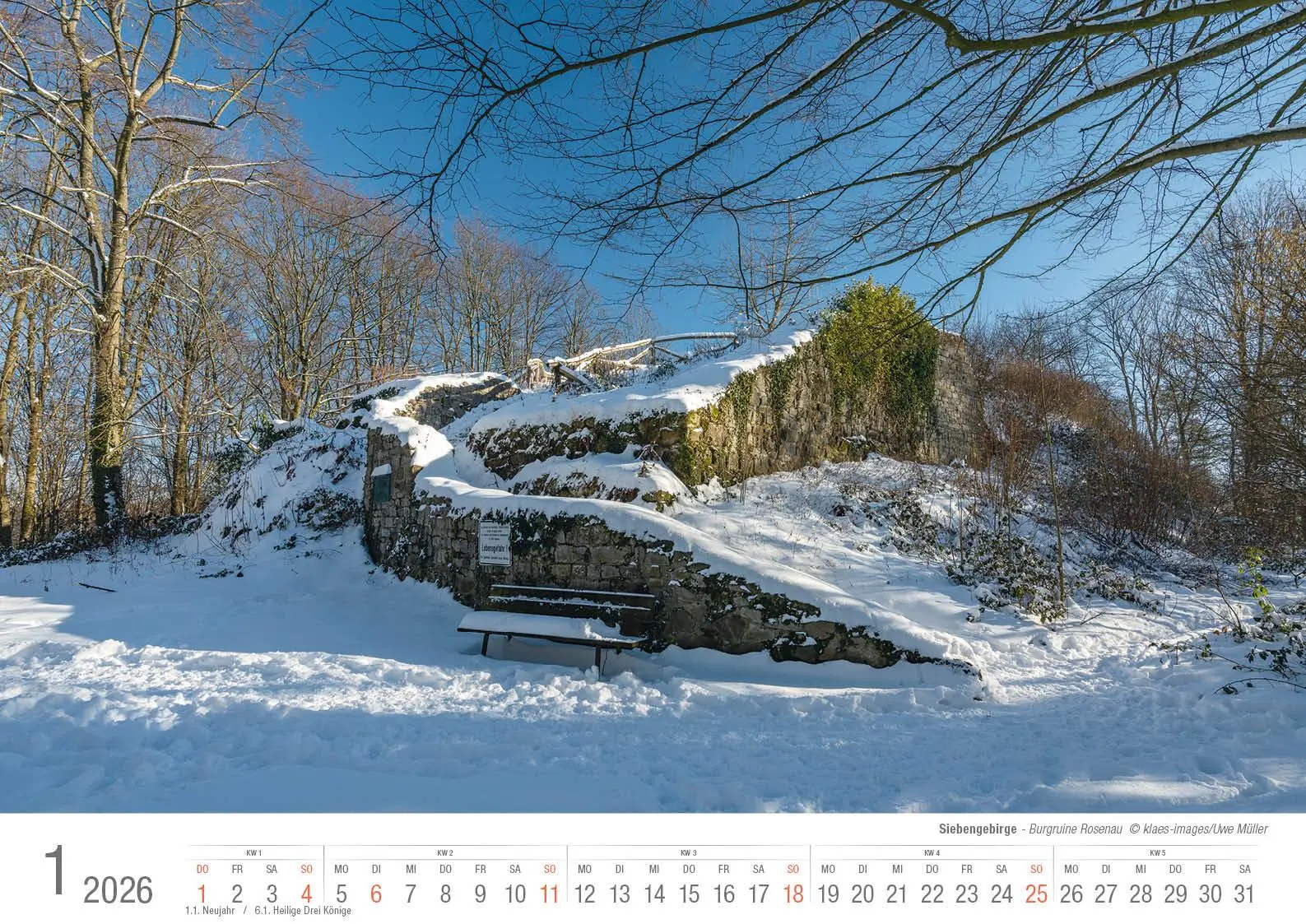 Bild: 9783965352520 | Siebengebirge 2026 Bildkalender A3 quer, spiralgebunden | Holger Klaes