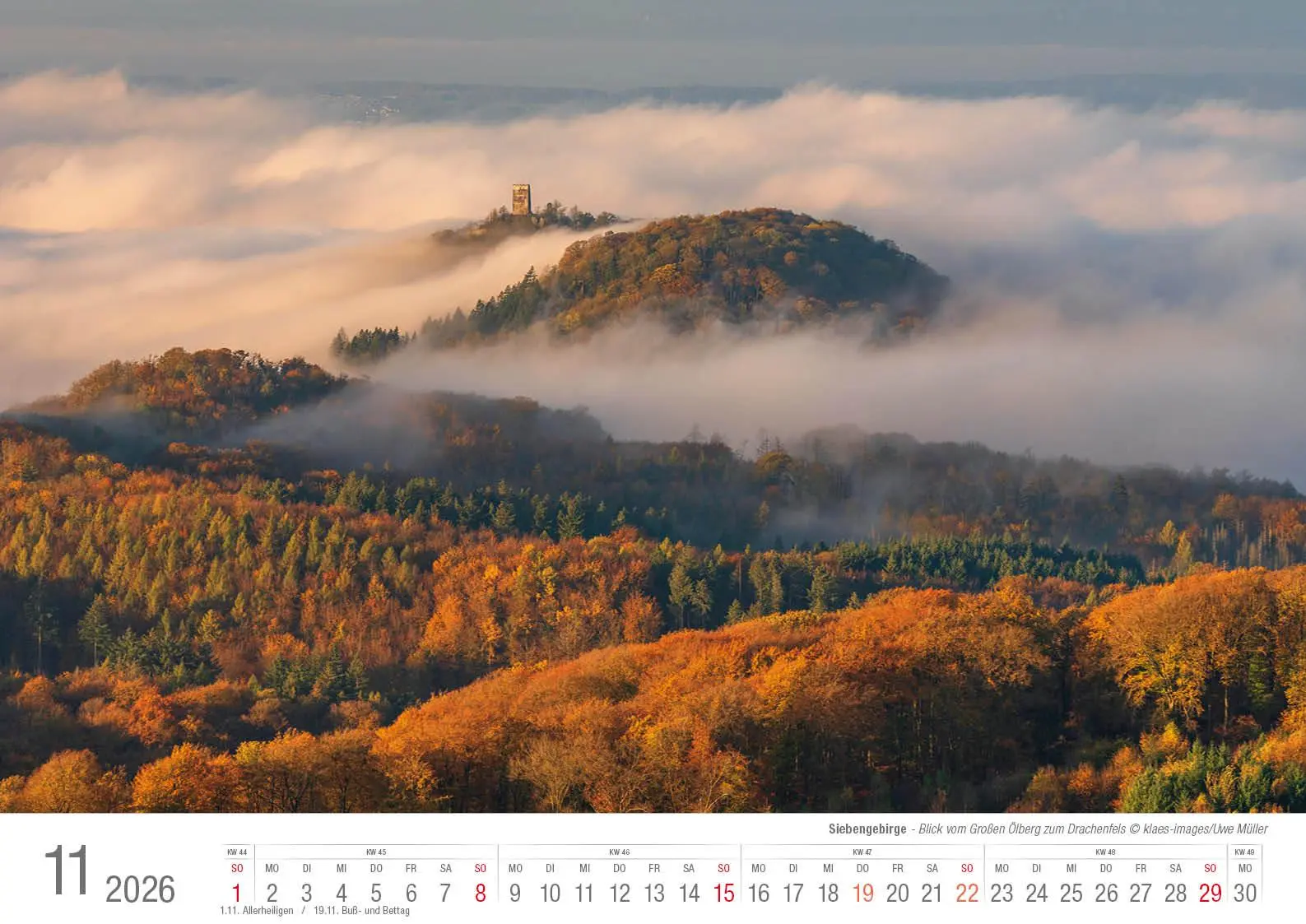 Bild: 9783965352520 | Siebengebirge 2026 Bildkalender A3 quer, spiralgebunden | Holger Klaes