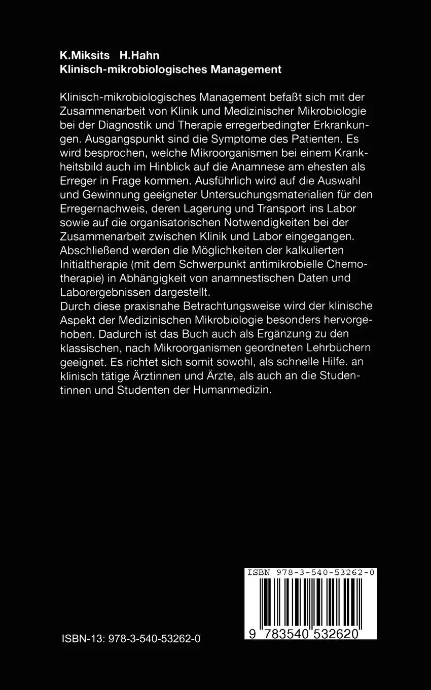 Rückseite: 9783540532620 | Klinisch-mikrobiologisches Management | Klaus Miksits (u. a.) | Buch