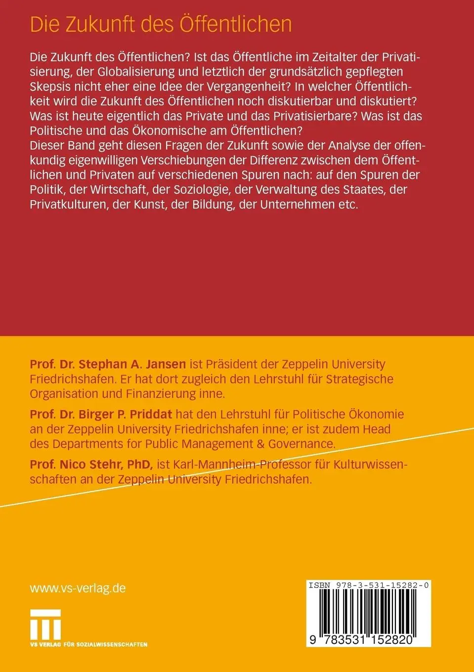 Rückseite: 9783531152820 | Die Zukunft des Öffentlichen | Stephan A. Jansen (u. a.) | Taschenbuch
