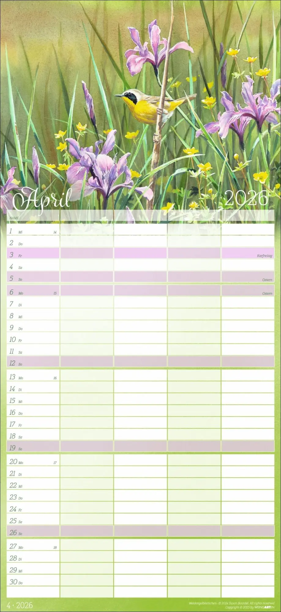 Bild: 9783839902820 | Bunte Vogelwelt Familienplaner 2026 | Susan Bourdet | Kalender | 15 S.