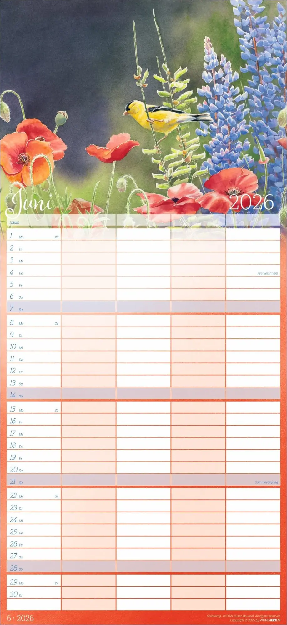 Bild: 9783839902820 | Bunte Vogelwelt Familienplaner 2026 | Susan Bourdet | Kalender | 15 S.