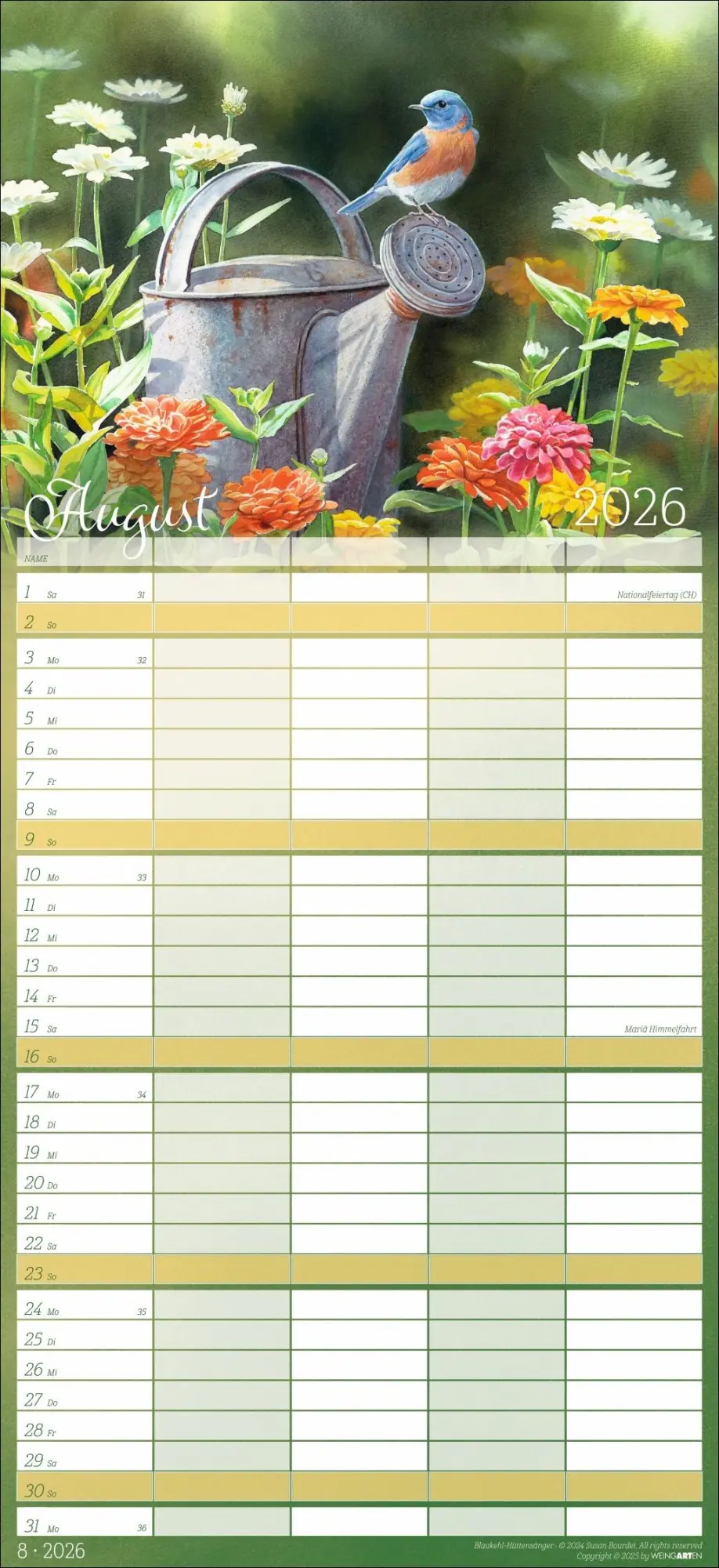 Bild: 9783839902820 | Bunte Vogelwelt Familienplaner 2026 | Susan Bourdet | Kalender | 15 S.
