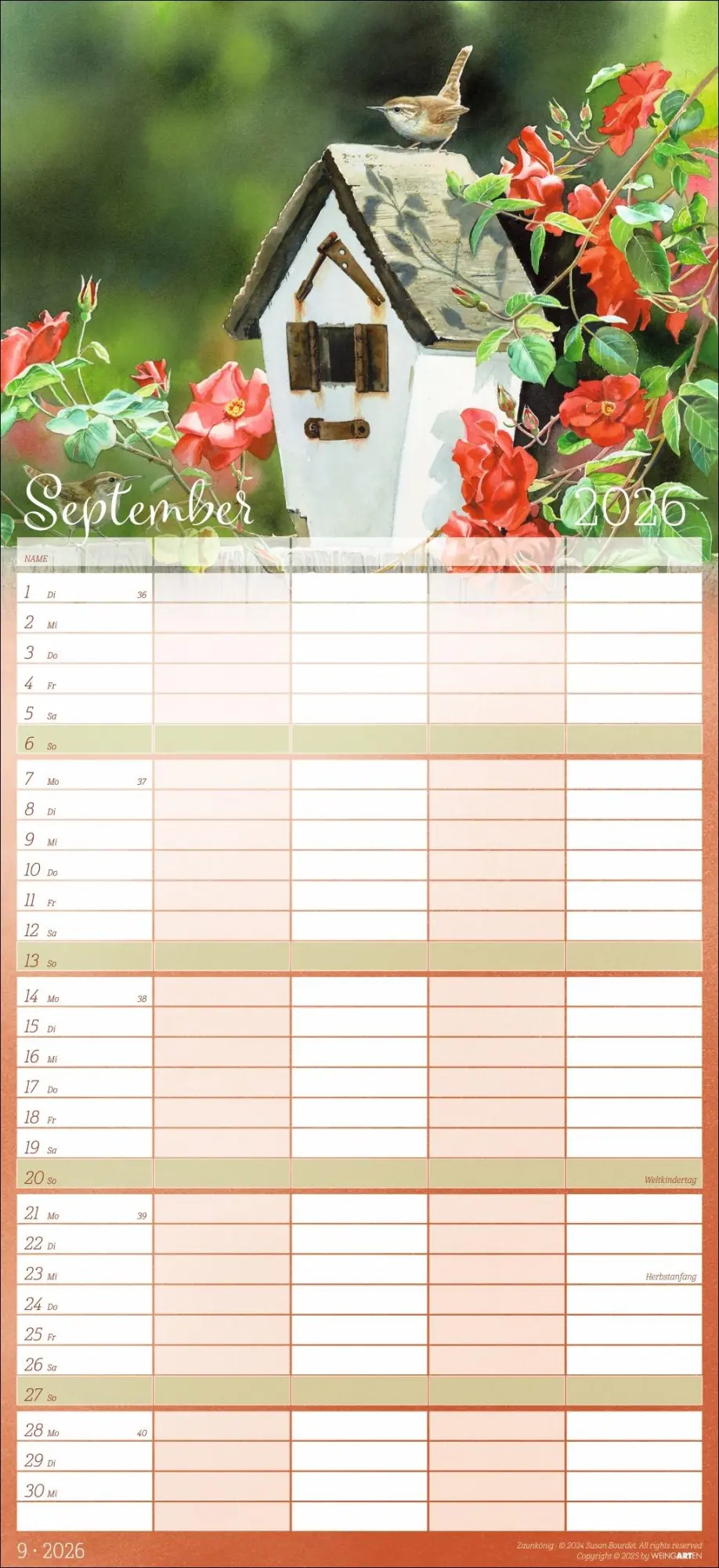 Bild: 9783839902820 | Bunte Vogelwelt Familienplaner 2026 | Susan Bourdet | Kalender | 15 S.