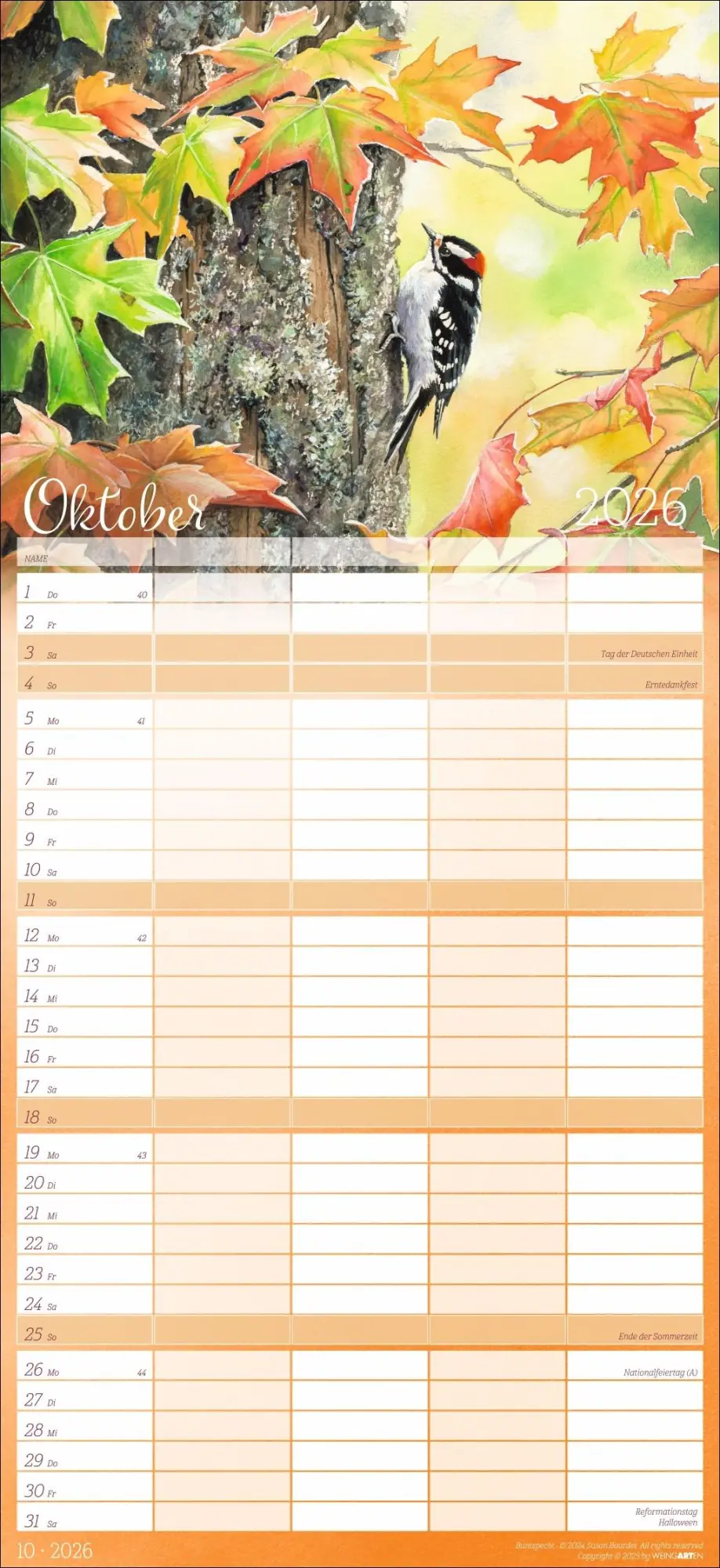 Bild: 9783839902820 | Bunte Vogelwelt Familienplaner 2026 | Susan Bourdet | Kalender | 15 S.