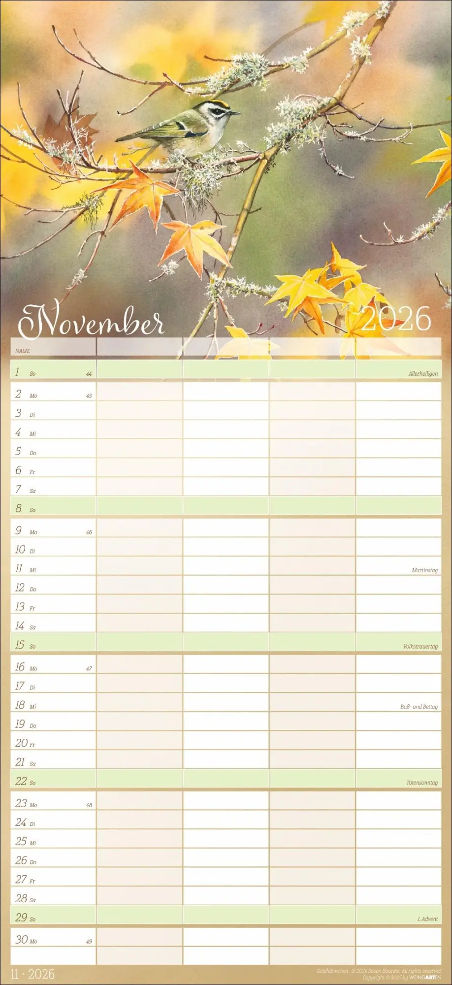 Bild: 9783839902820 | Bunte Vogelwelt Familienplaner 2026 | Susan Bourdet | Kalender | 15 S.