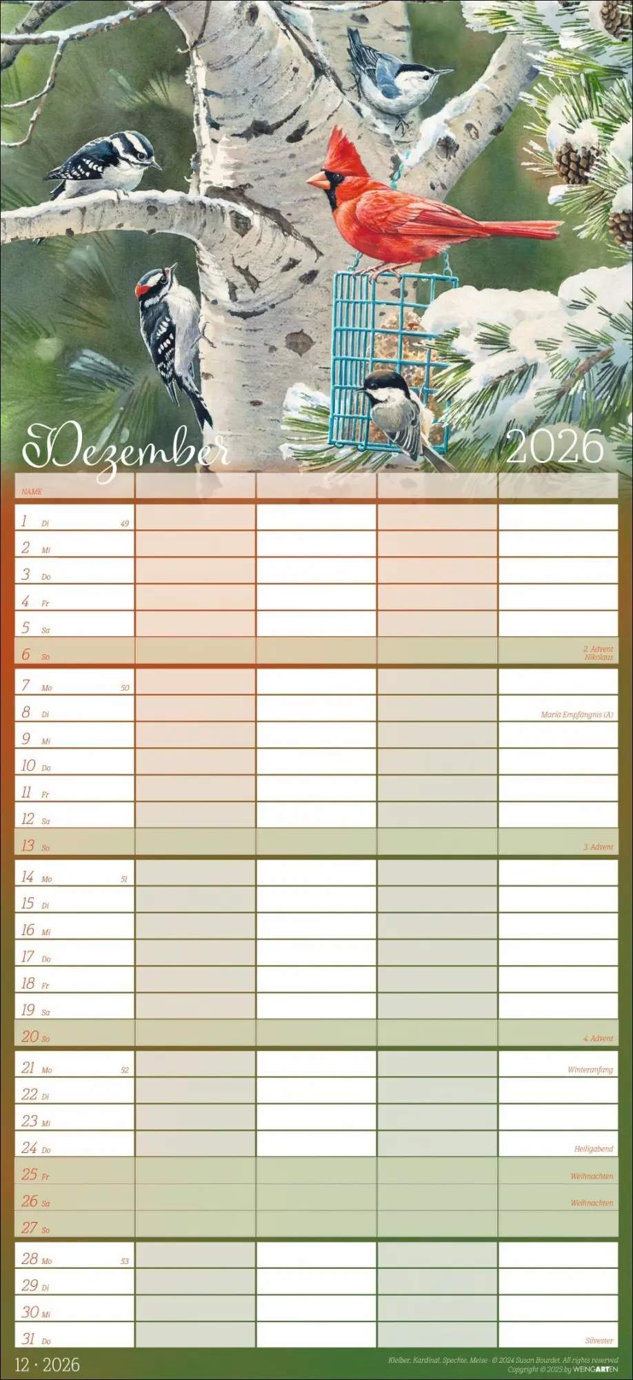 Bild: 9783839902820 | Bunte Vogelwelt Familienplaner 2026 | Susan Bourdet | Kalender | 15 S.