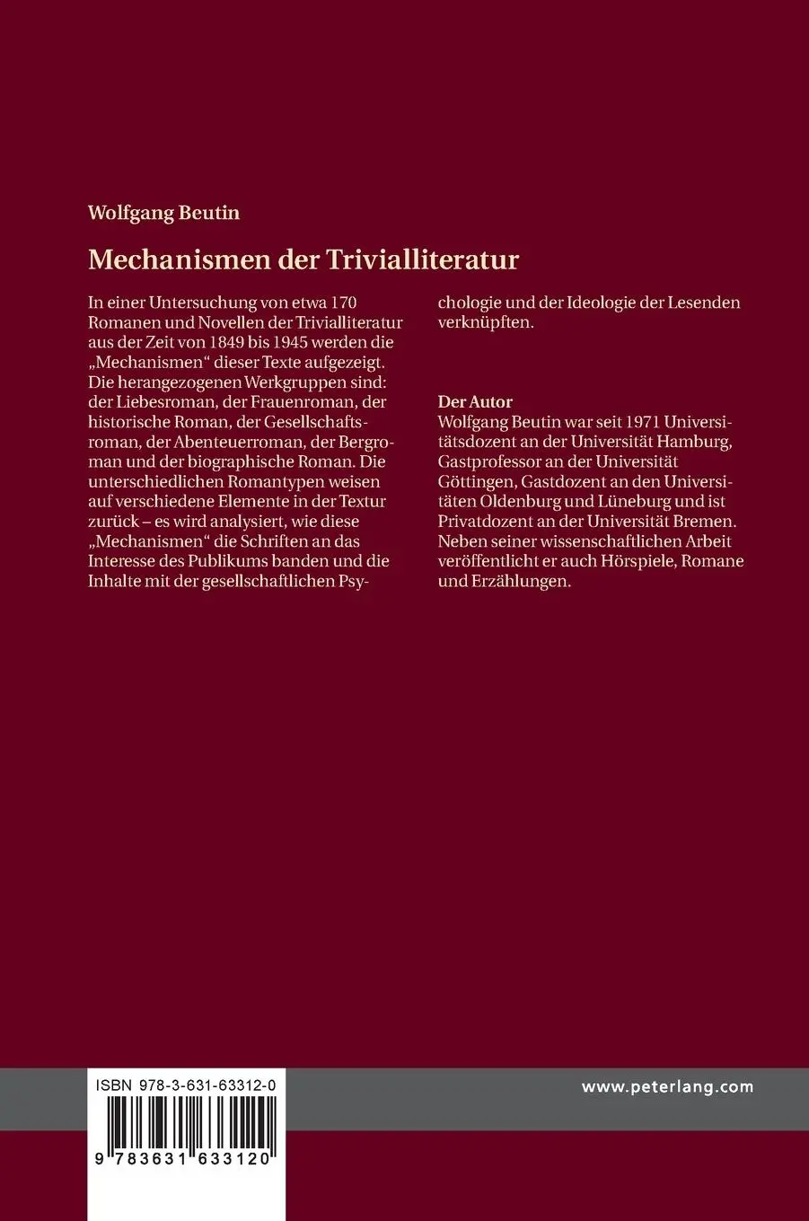 Rückseite: 9783631633120 | Mechanismen der Trivialliteratur | Wolfgang Beutin | Buch | Deutsch