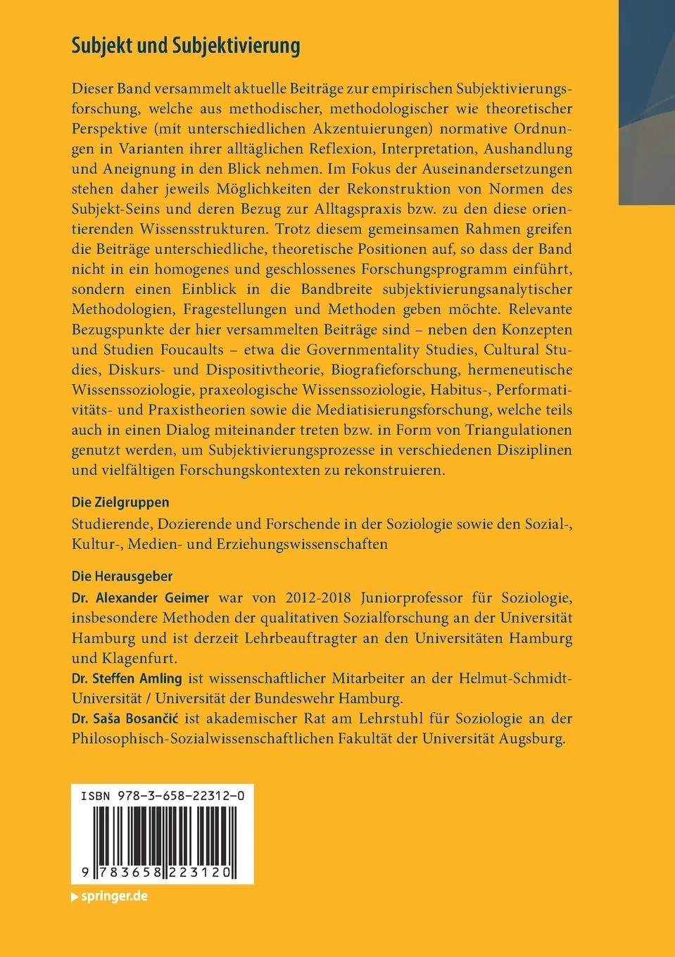 Rückseite: 9783658223120 | Subjekt und Subjektivierung | Alexander Geimer (u. a.) | Taschenbuch
