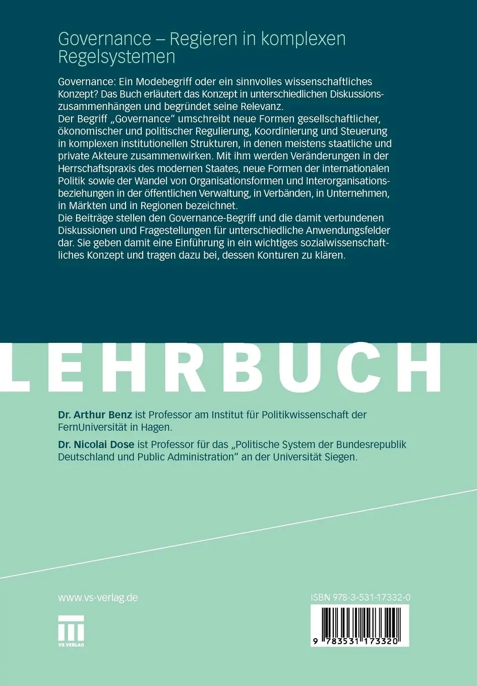 Rückseite: 9783531173320 | Governance - Regieren in komplexen Regelsystemen | Eine Einführung