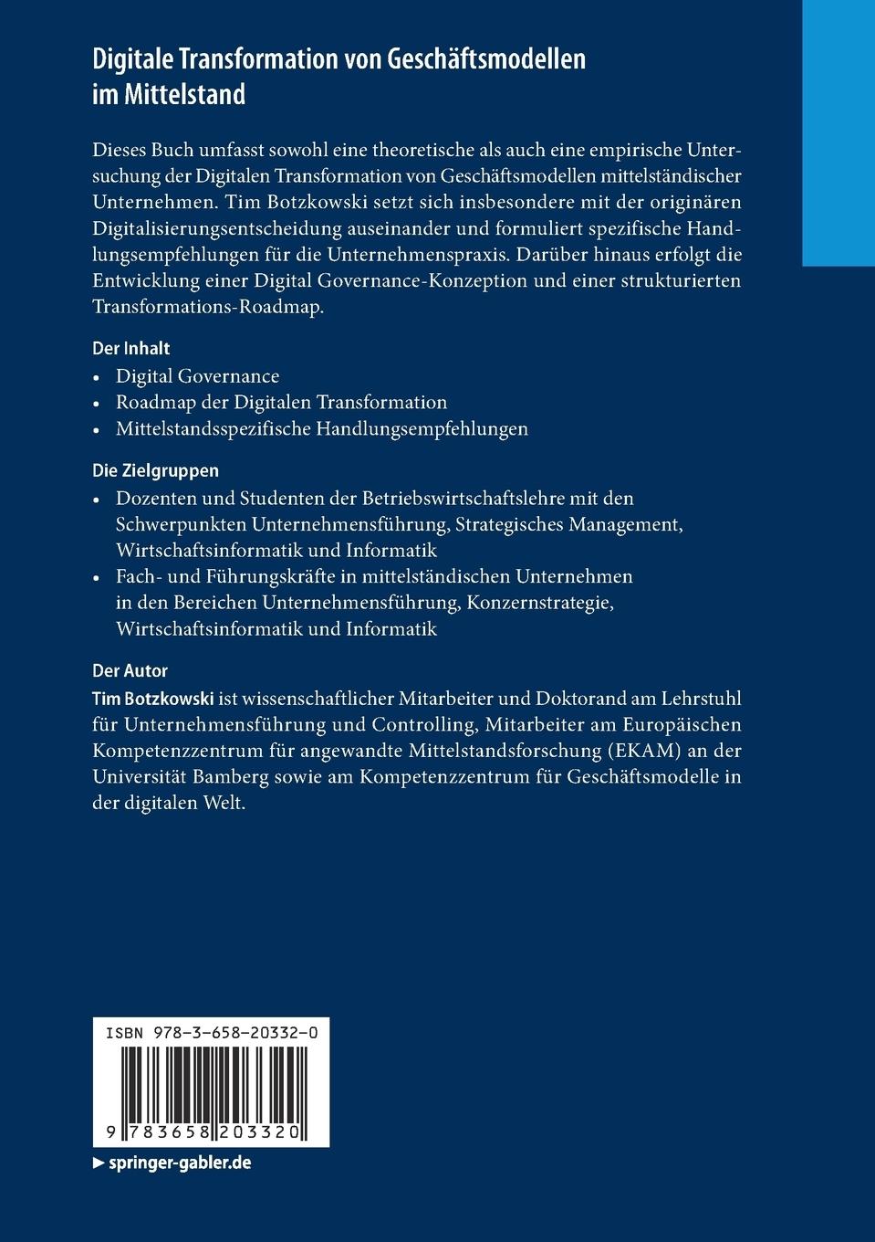 Rückseite: 9783658203320 | Digitale Transformation von Geschäftsmodellen im Mittelstand | Buch
