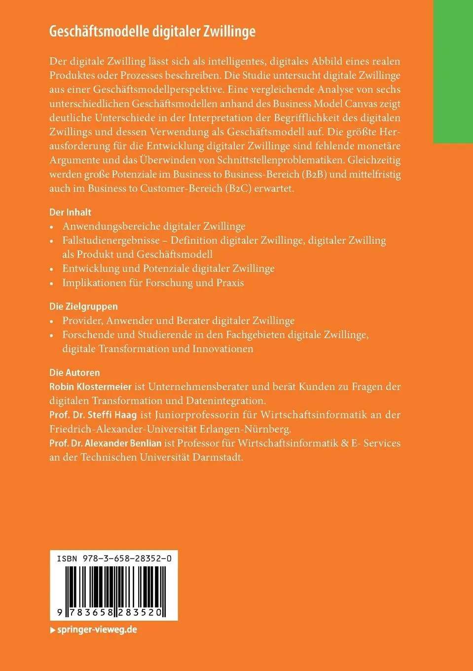 Rückseite: 9783658283520 | Geschäftsmodelle digitaler Zwillinge | HMD Best Paper Award 2018 | xi