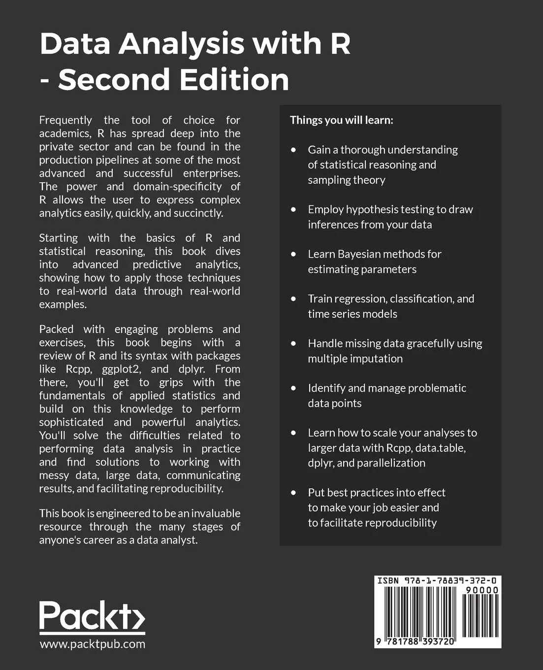 Rückseite: 9781788393720 | Data Analysis with R - Second Edition | Anthony Fischetti | Buch