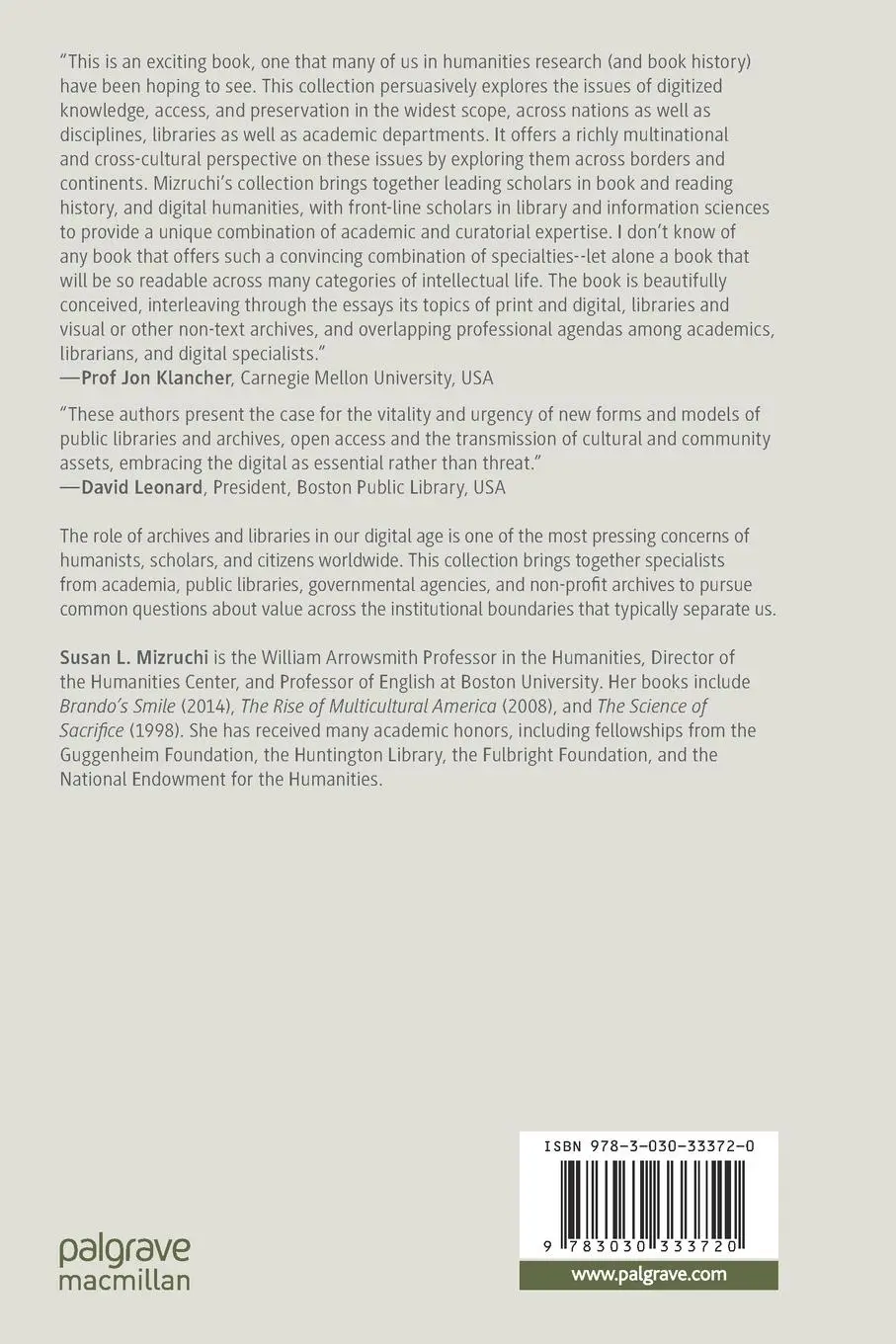 Rückseite: 9783030333720 | Libraries and Archives in the Digital Age | Susan L. Mizruchi | Buch