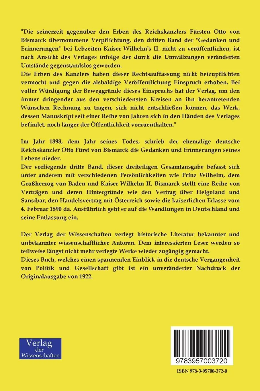 Rückseite: 9783957003720 | Gedanken und Erinnerungen | Dritter Band | Otto Fürst von Bismarck