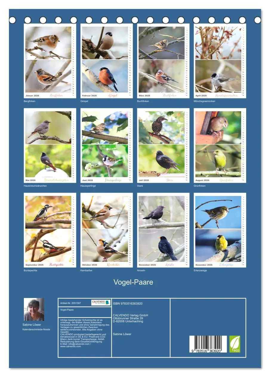 Bild: 9783516363920 | Vogel-Paare (Tischkalender 2026 DIN A5 hoch), CALVENDO Monatskalender
