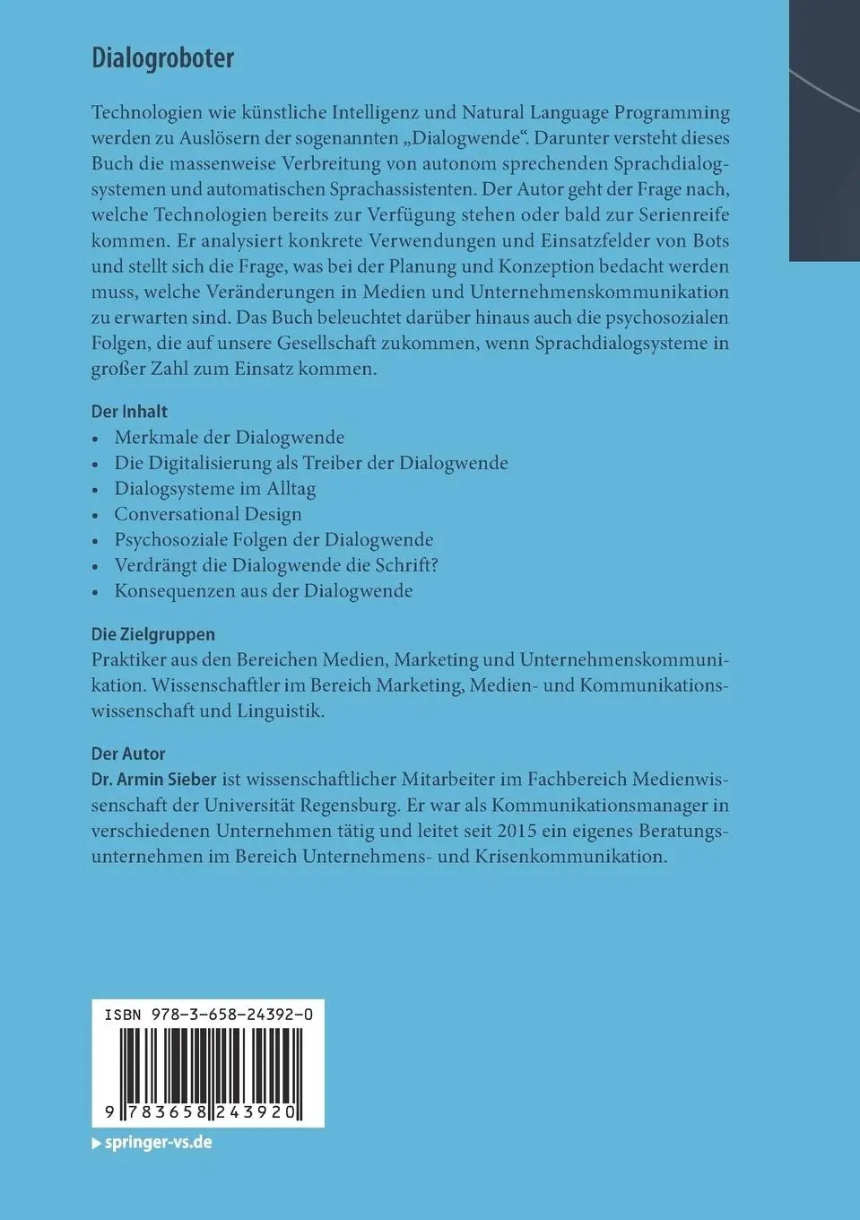 Rückseite: 9783658243920 | Dialogroboter | Armin Sieber | Taschenbuch | vii | Deutsch | 2019