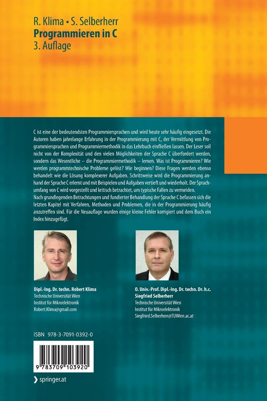 Rückseite: 9783709103920 | Programmieren in C | Siegfried Selberherr (u. a.) | Taschenbuch | xvii