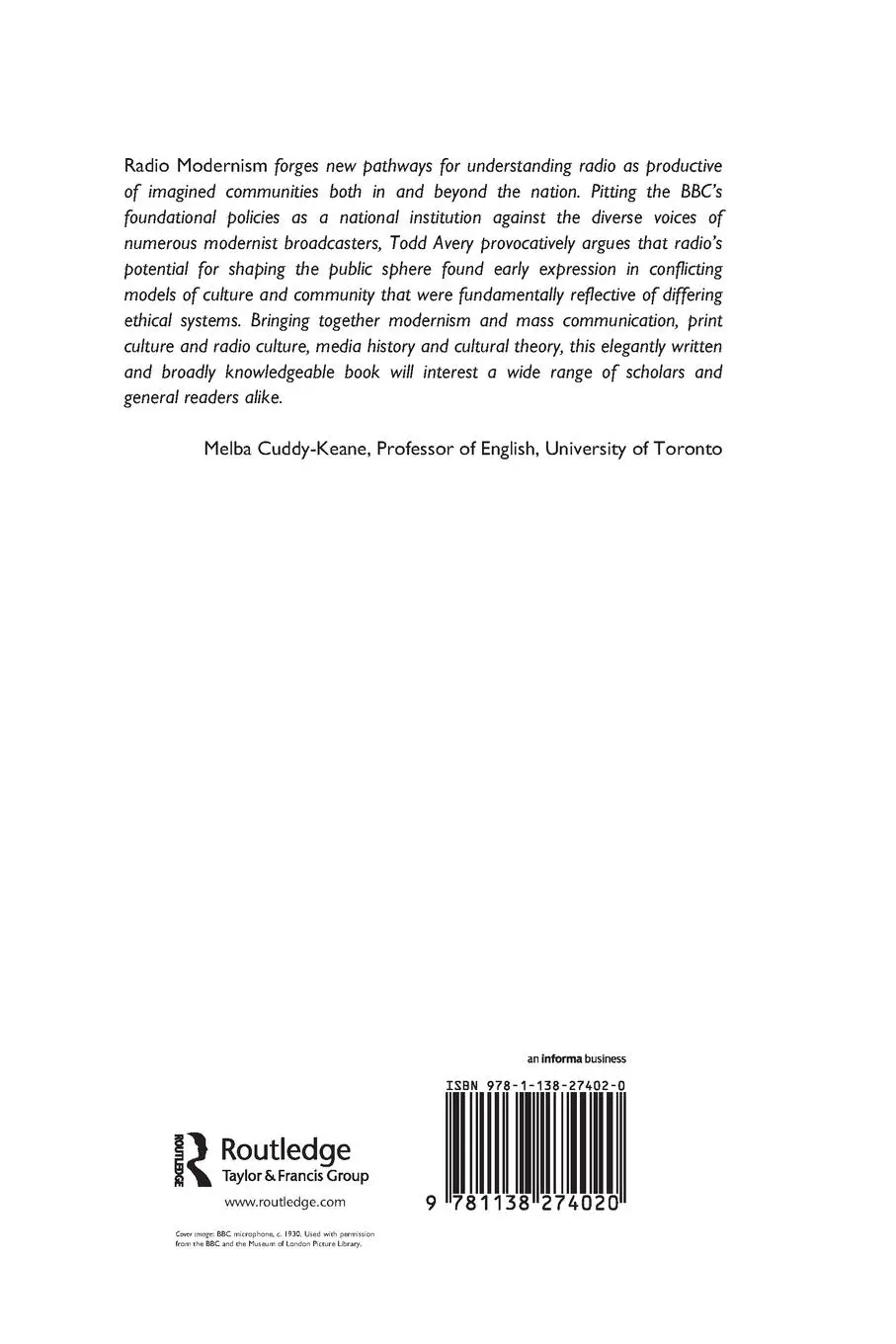 Rückseite: 9781138274020 | Radio Modernism | Literature, Ethics, and the BBC, 1922-1938 | Avery