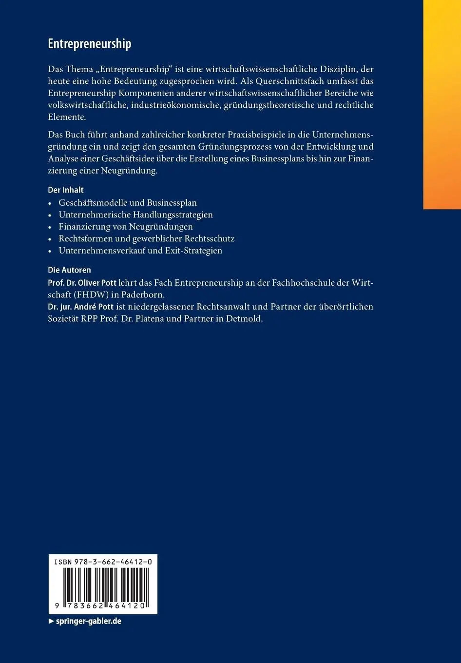 Rückseite: 9783662464120 | Entrepreneurship | André Pott (u. a.) | Taschenbuch | xv | Deutsch