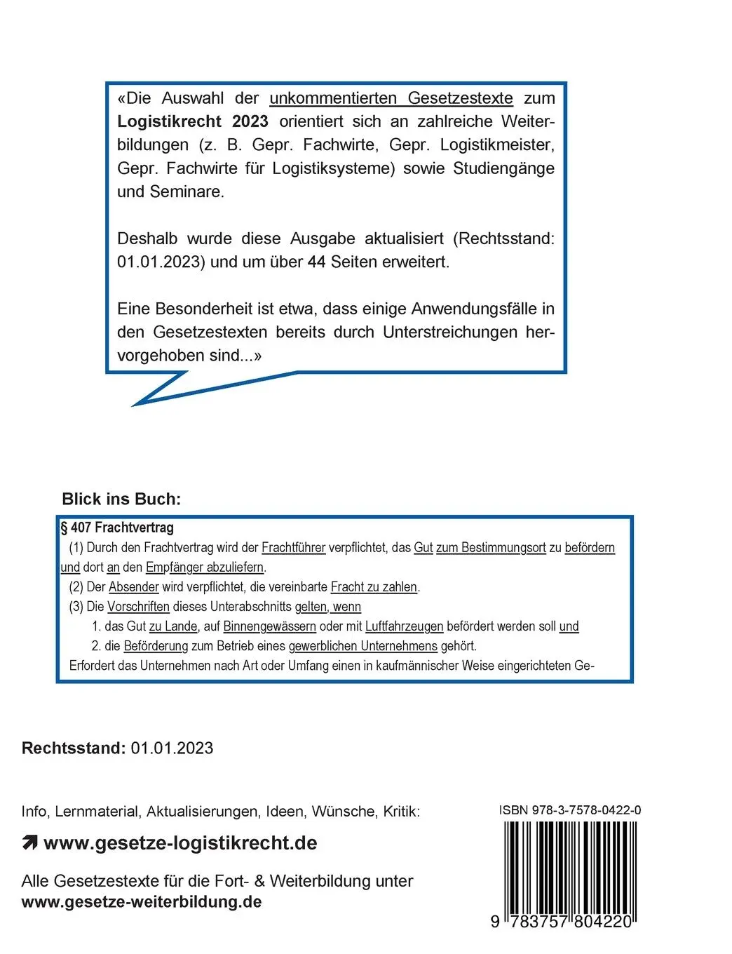 Rückseite: 9783757804220 | Logistikrecht 2023 | Gesetzestexte für die Weiterbildung | Armin Pulic