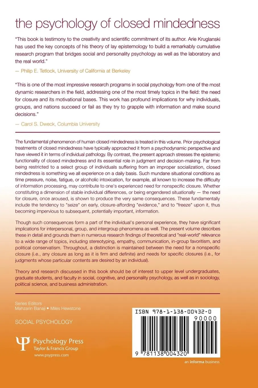 Rückseite: 9781138004320 | The Psychology of Closed Mindedness | Arie W. Kruglanski | Taschenbuch