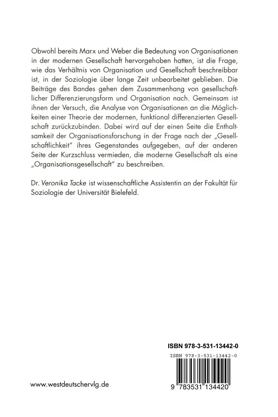 Rückseite: 9783531134420 | Organisation und gesellschaftliche Differenzierung | Veronika Tacke