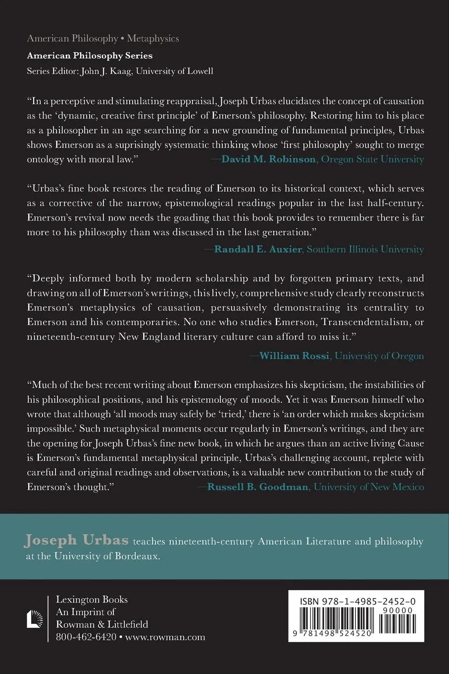 Rückseite: 9781498524520 | Emerson's Metaphysics | A Song of Laws and Causes | Joseph Urbas