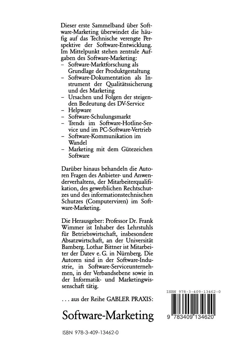 Rückseite: 9783409134620 | Software-Marketing | Grundlagen, Konzepte, Hintergründe | Frank Wimmer