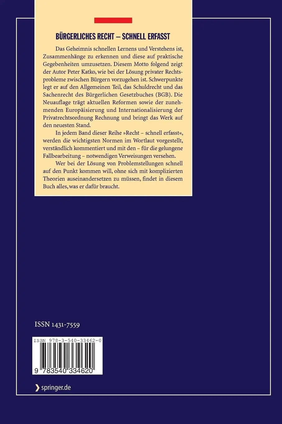 Rückseite: 9783540334620 | Bürgerliches Recht - Schnell erfasst | Peter Katko | Taschenbuch