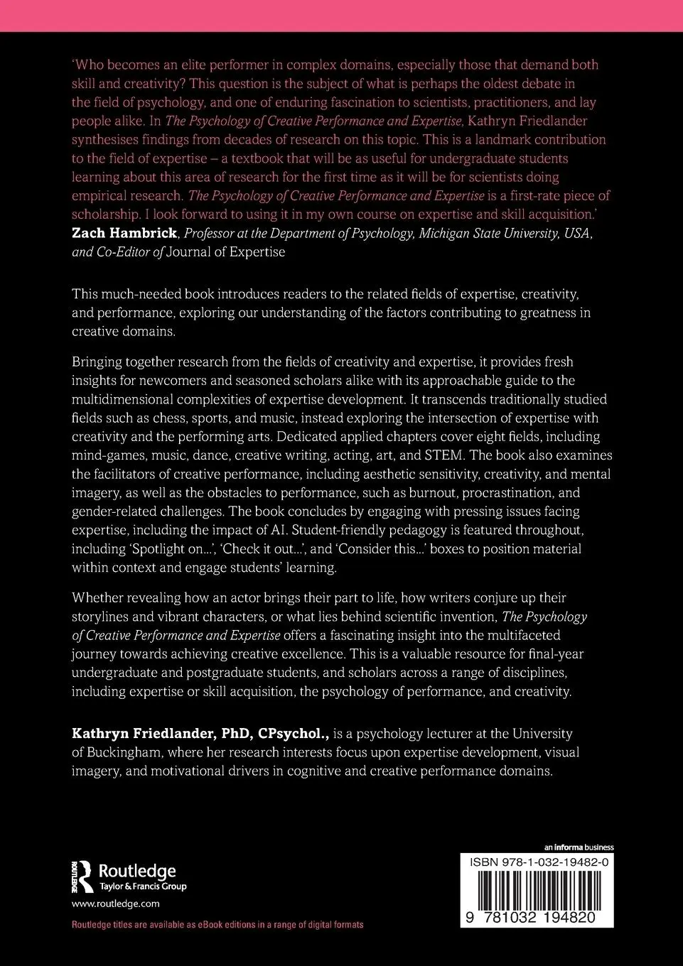 Rückseite: 9781032194820 | The Psychology of Creative Performance and Expertise | Friedlander