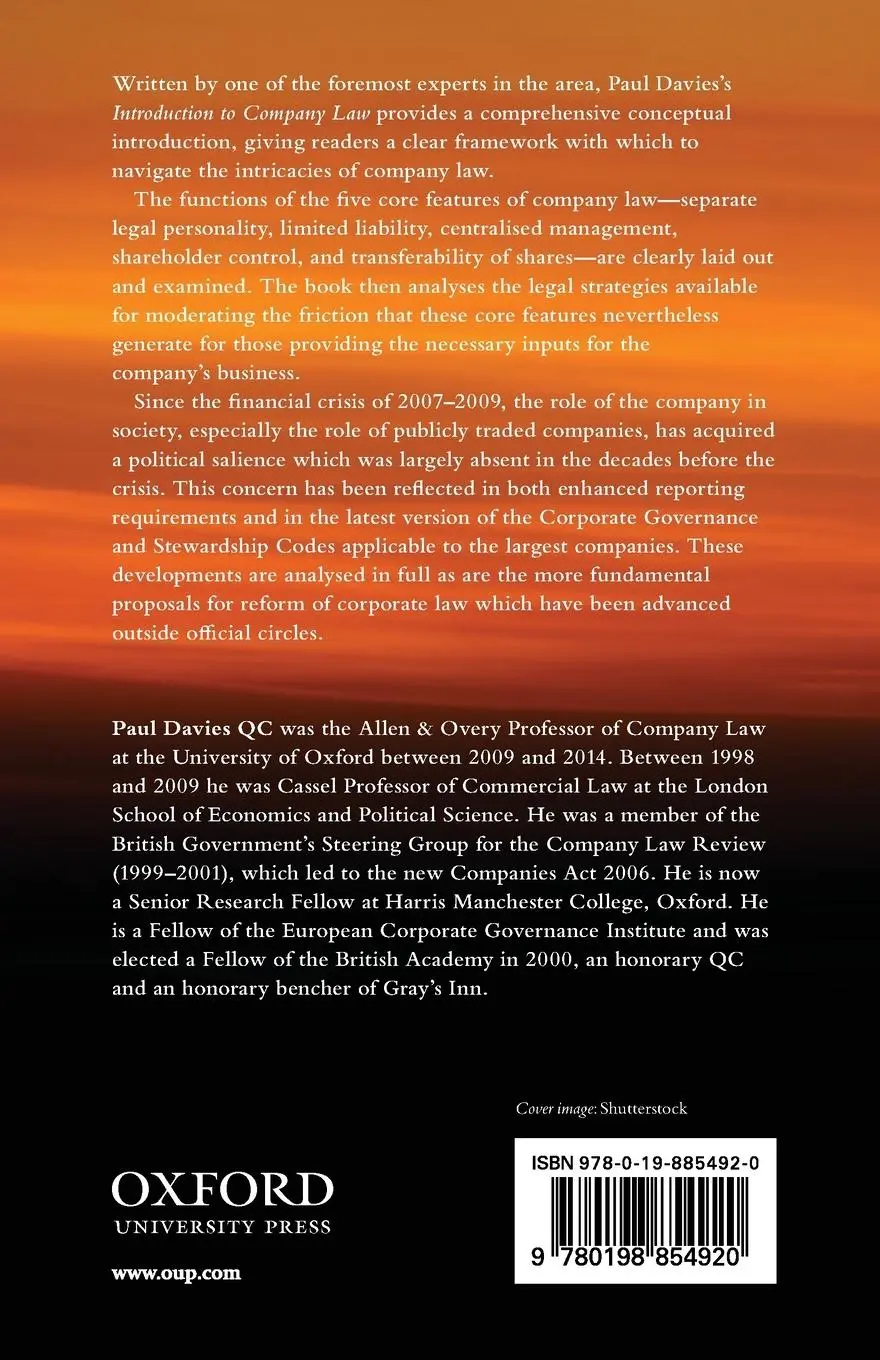 Rückseite: 9780198854920 | Introduction to Company Law | Paul Davies | Taschenbuch | Englisch