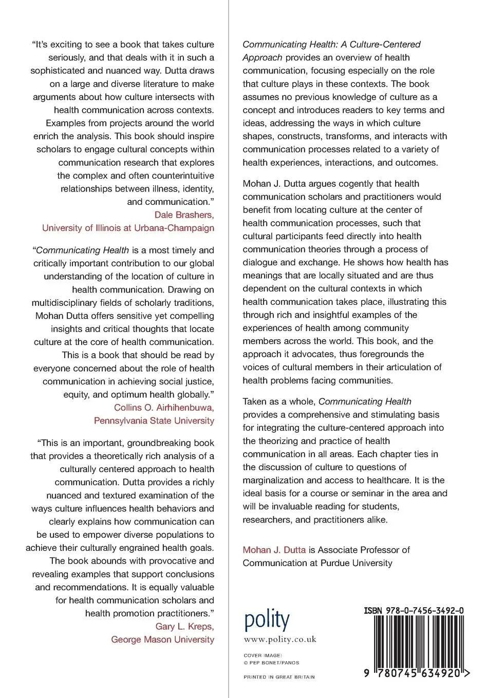Rückseite: 9780745634920 | Communicating Health | A Culture-Centered Approach | Mohan Dutta