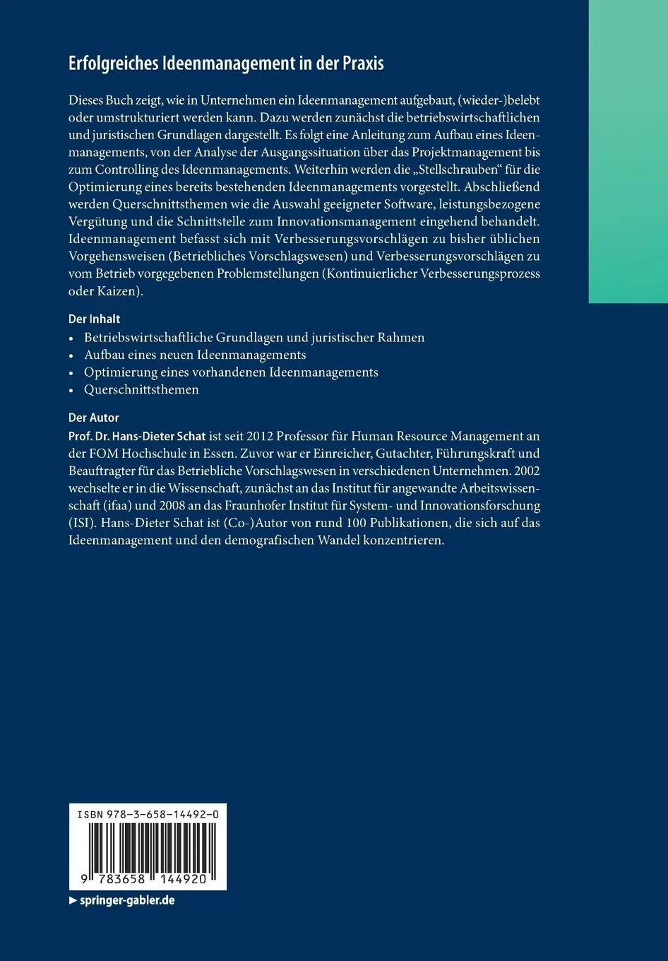 Rückseite: 9783658144920 | Erfolgreiches Ideenmanagement in der Praxis | Hans-Dieter Schat | Buch