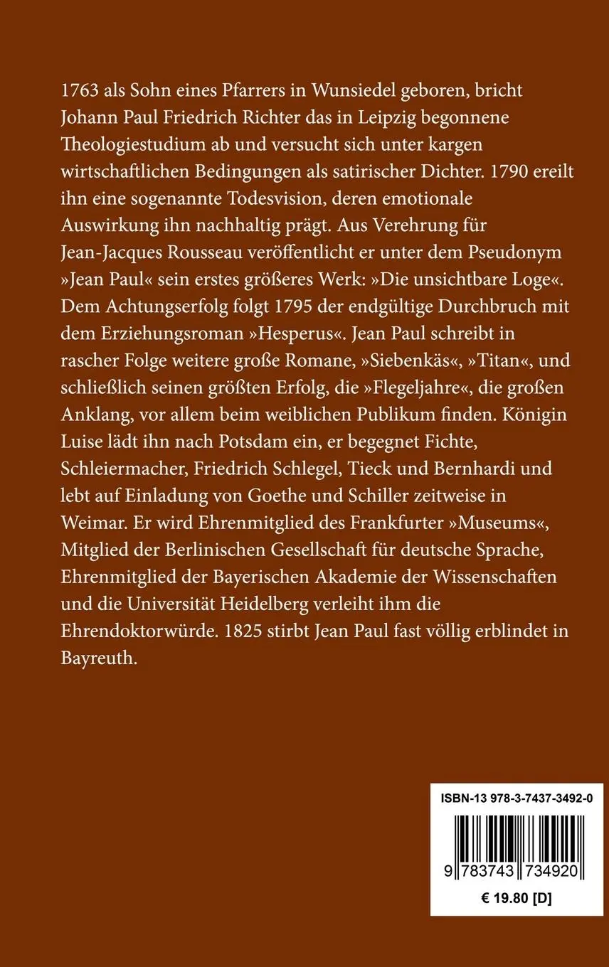 Rückseite: 9783743734920 | Selina | oder über die Unsterblichkeit der Seele | Jean Paul | Buch