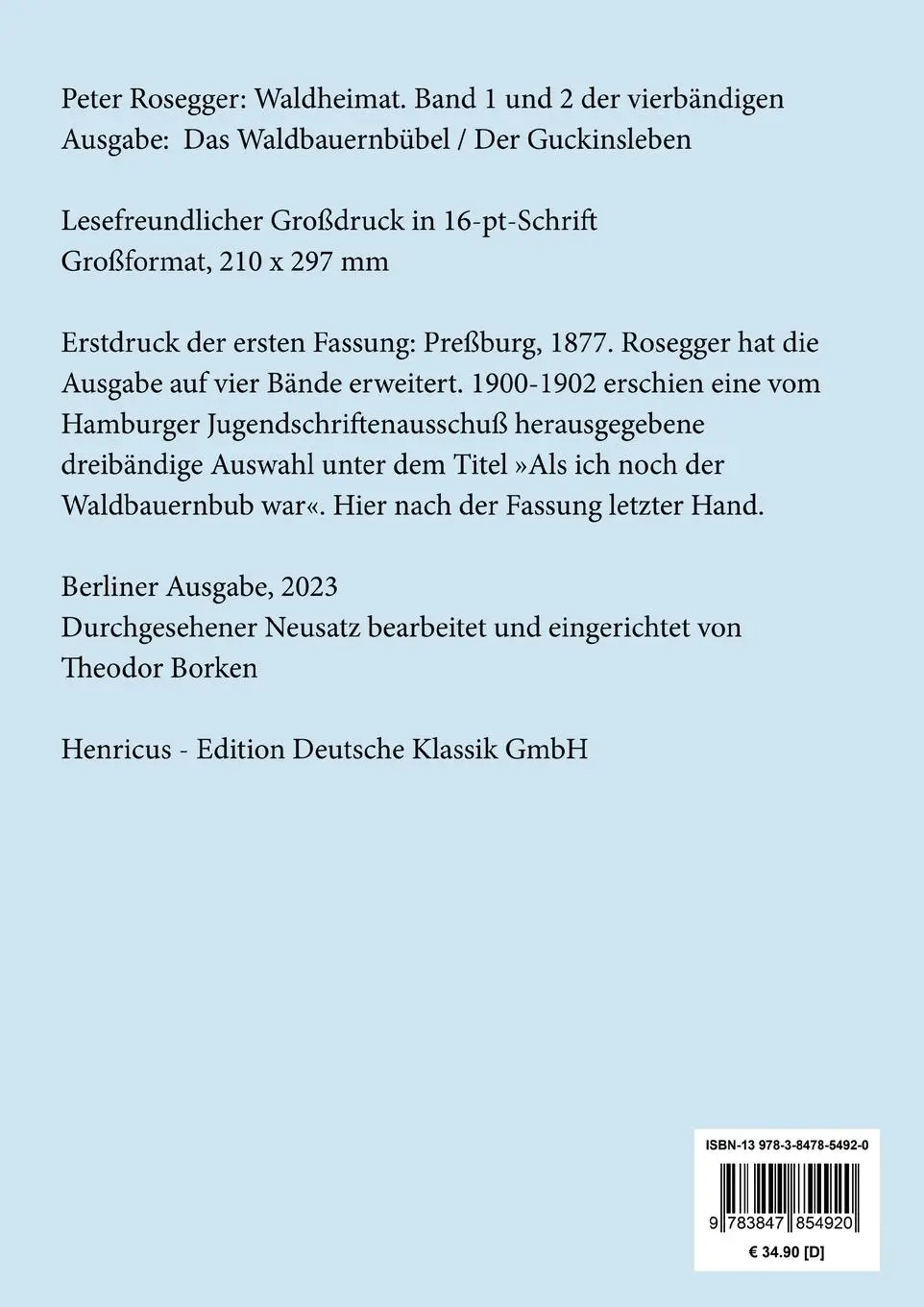 Rückseite: 9783847854920 | Waldheimat (Großdruck) | Peter Rosegger | Taschenbuch | 652 S. | 2023