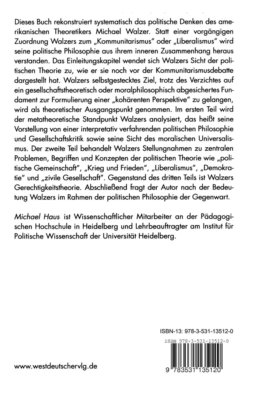 Rückseite: 9783531135120 | Die politische Philosophie Michael Walzers | Michael Haus | Buch