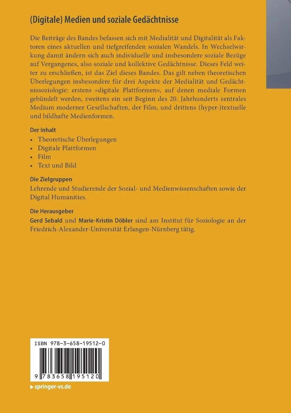 Rückseite: 9783658195120 | (Digitale) Medien und soziale Gedächtnisse | Gerd Sebald (u. a.) | xi