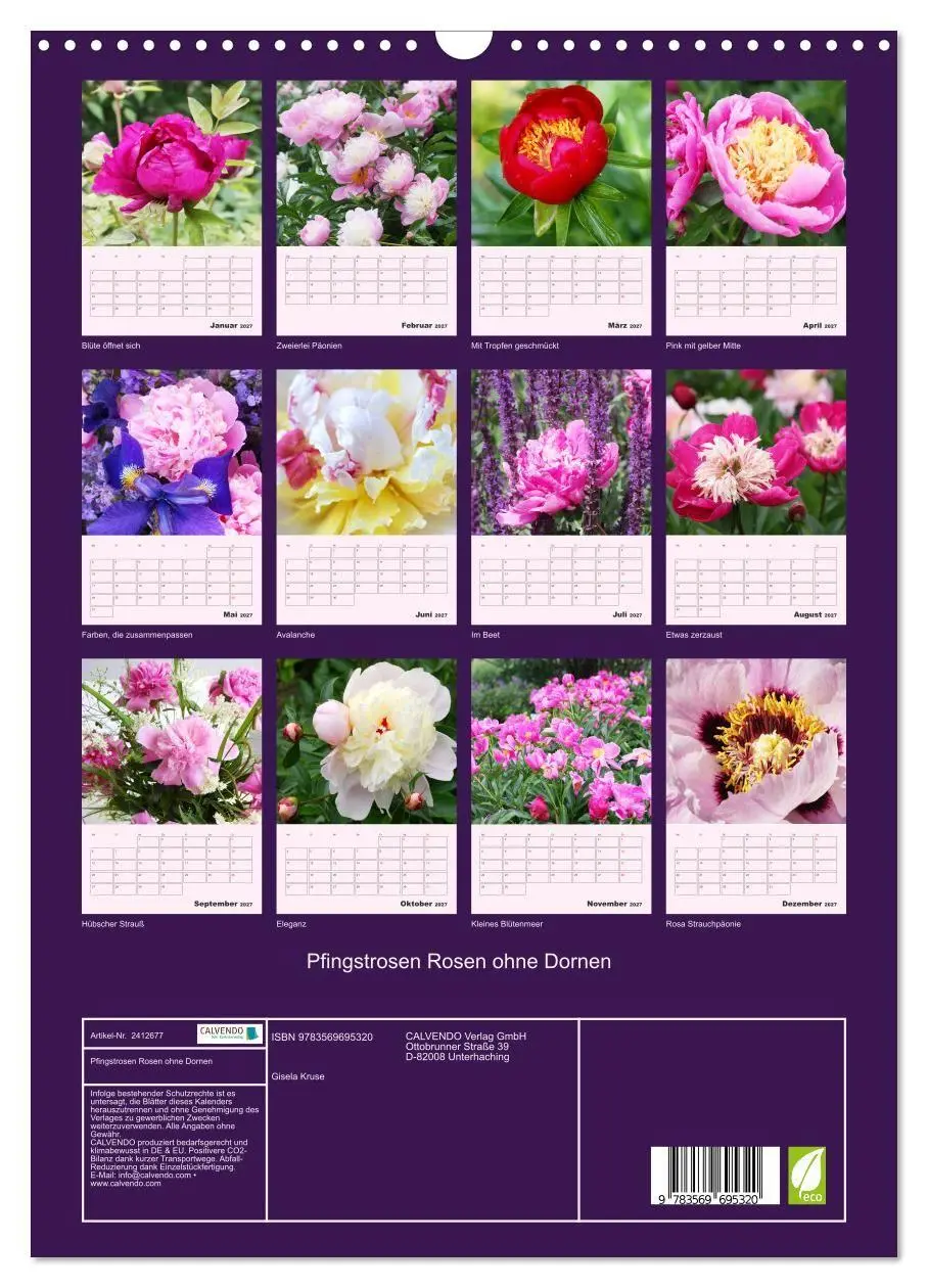 Bild: 9783569695320 | Pfingstrosen Rosen ohne Dornen (Wandkalender 2027 DIN A3 hoch),...
