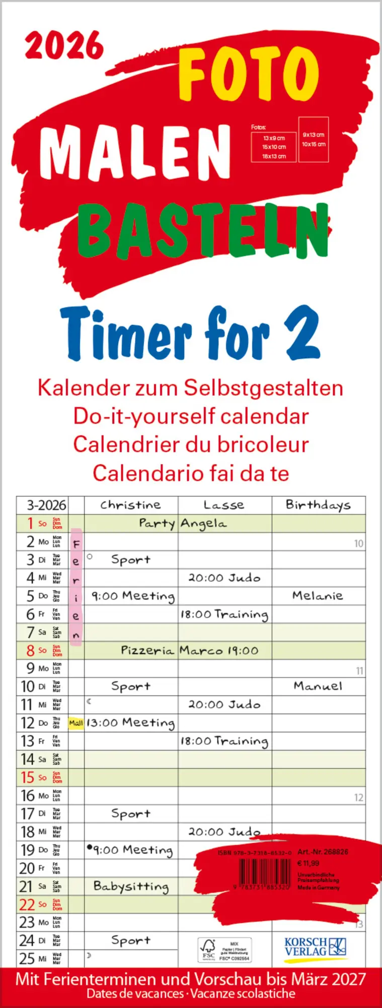Cover: 9783731885320 | Foto-Malen-Basteln Timer for 2 2026 | Verlag Korsch | Kalender | 14 S.