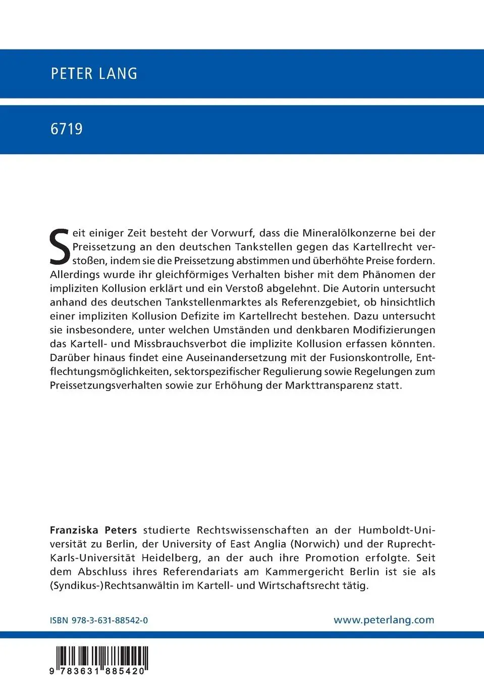 Rückseite: 9783631885420 | Implizite Kollusion im Lichte der Tankstellenmärkte - Defizite im...