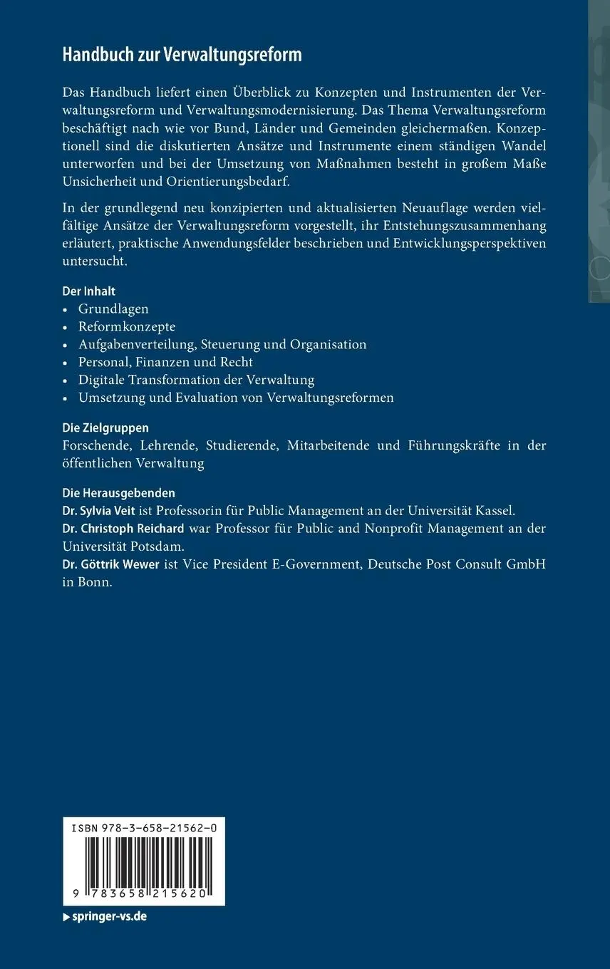 Rückseite: 9783658215620 | Handbuch zur Verwaltungsreform | Sylvia Veit (u. a.) | Buch | xvi