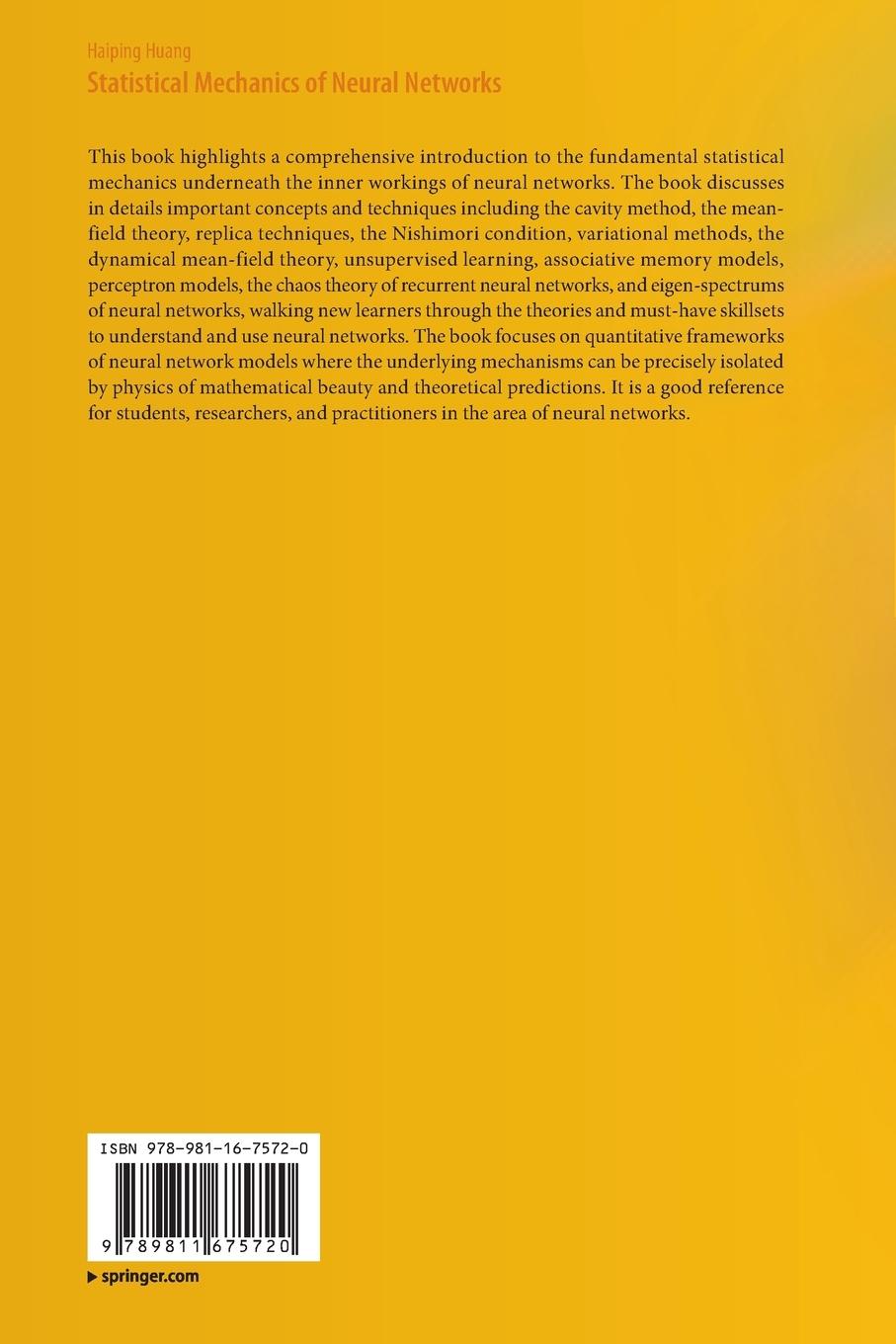 Rückseite: 9789811675720 | Statistical Mechanics of Neural Networks | Haiping Huang | Taschenbuch